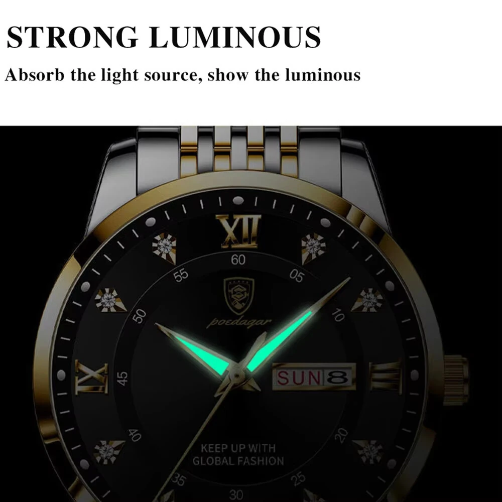 POEDAGAR Luxury Rhinestone Business Men Quartz Watch Calendar Week Luminous Pointer Leather Strap Waterproof Wristwatch
