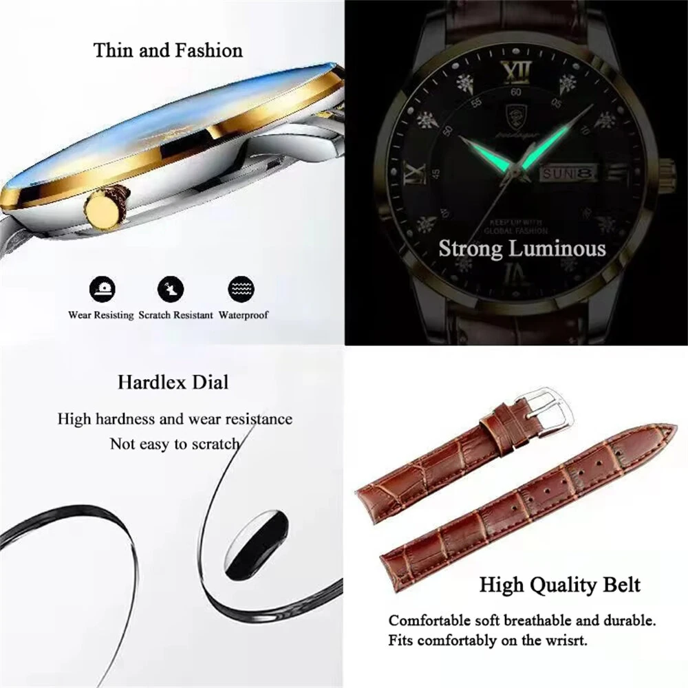 POEDAGAR Luxury Rhinestone Business Men Quartz Watch Calendar Week Luminous Pointer Leather Strap Waterproof Wristwatch