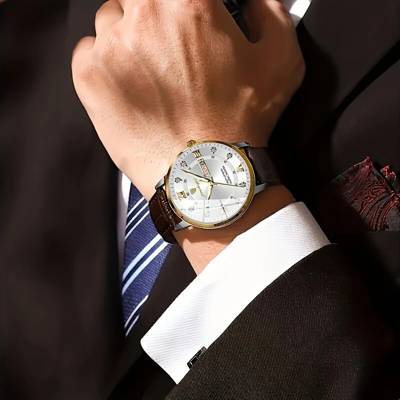 POEDAGAR Luxury Rhinestone Business Men Quartz Watch Calendar Week Luminous Pointer Leather Strap Waterproof Wristwatch