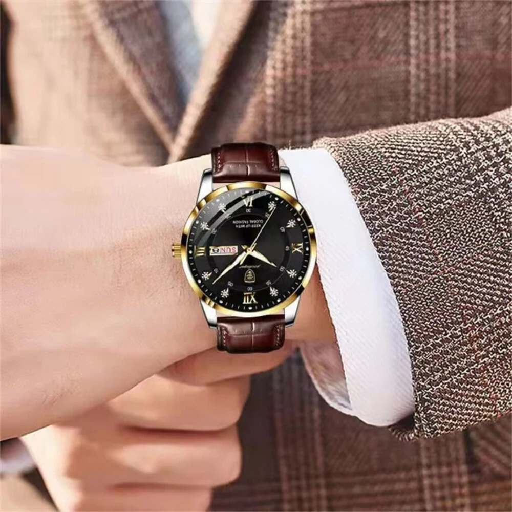 POEDAGAR Luxury Rhinestone Business Men Quartz Watch Calendar Week Luminous Pointer Leather Strap Waterproof Wristwatch