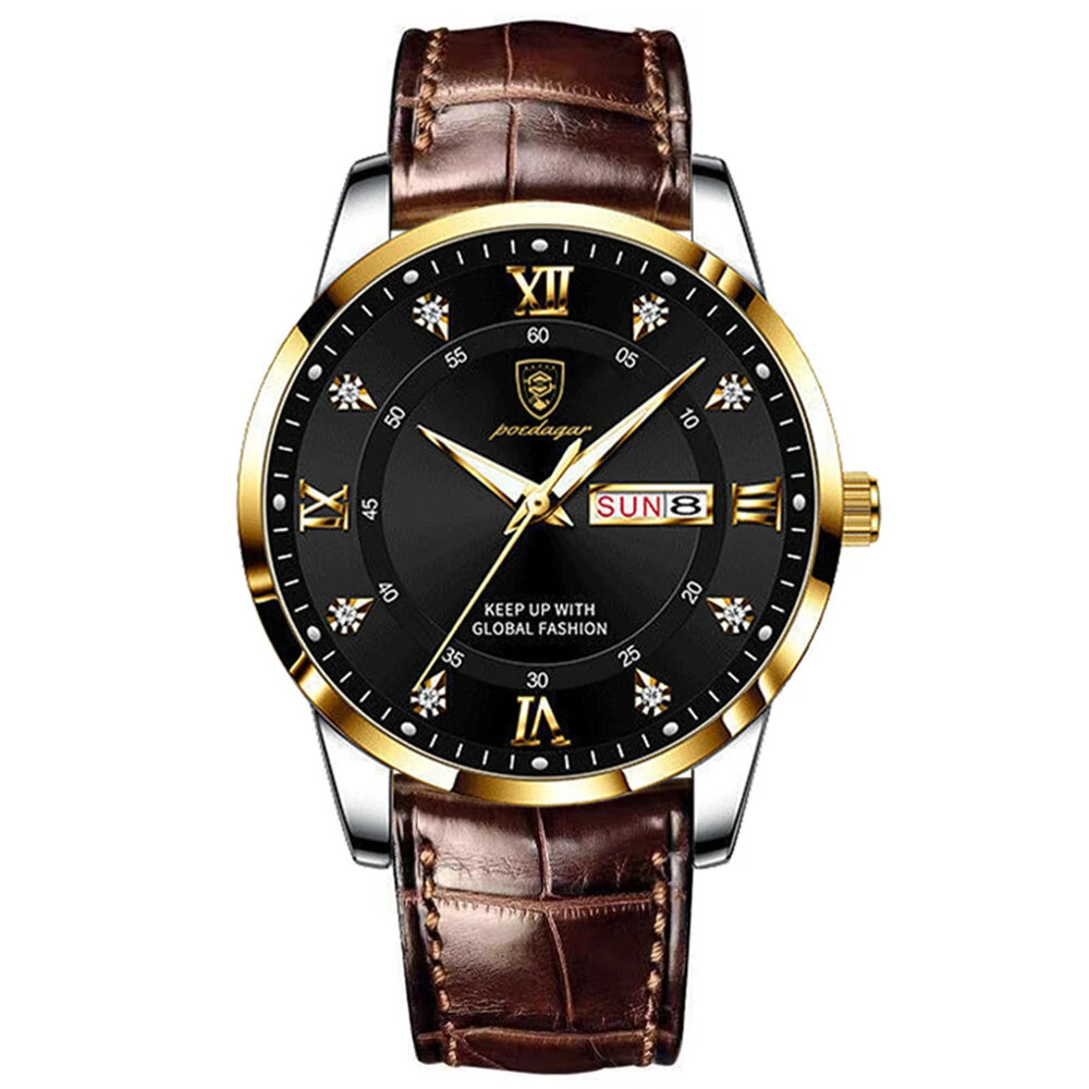 POEDAGAR Luxury Rhinestone Business Men Quartz Watch Calendar Week Luminous Pointer Leather Strap Waterproof Wristwatch