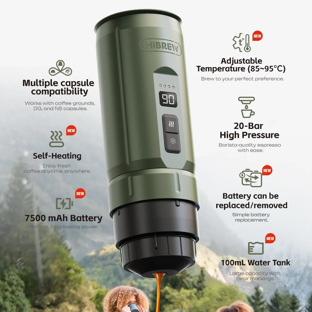 [EU Direct] HiBREW H4C Portable Espresso Coffee Machine 20 Bar Pressure Detachable 7500mAh Battery Coffee Powde NS & DG Capsules Compatible Outdoor Coffee Maker