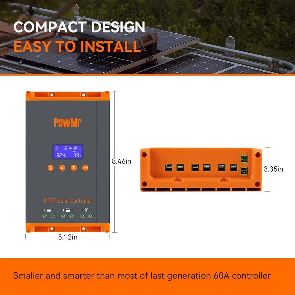 PowMr HHJ60-PRO MPPT 60A Solar Charge Controller Solar Panels Regulator 12V 24V 36V 48V Parallel Up 12 Units For Lead Acid Lithium Battery