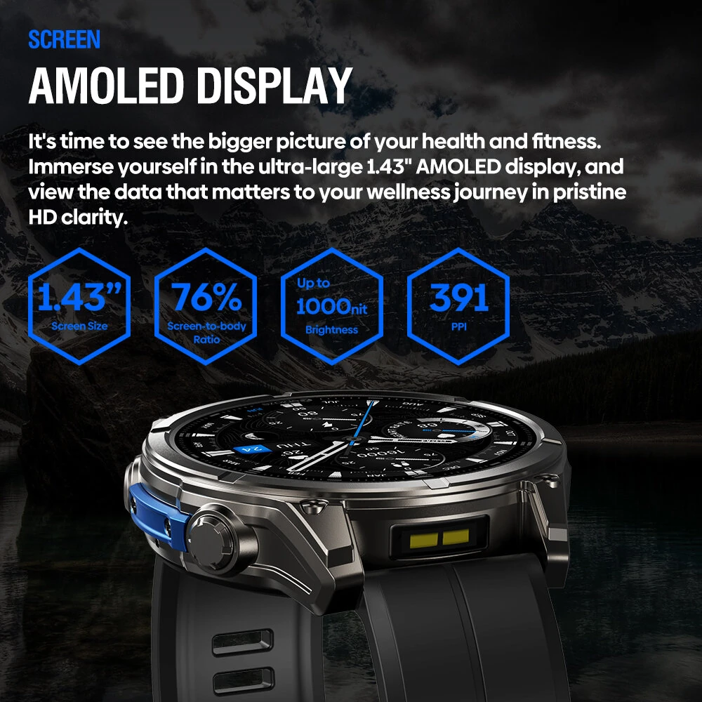 [World Premiere]Zeblaze Vibe 8 1.43-inch AMOLED 818H SapphireLens Built-in LED Flashlight 60 Days Battery Life 5ATM&IP69K Waterproof bluetooth Call Heart Rate Blood Pressure Blood Oxygen Monitor Sleep Monitoring Multi-sport Modes Smart Watch