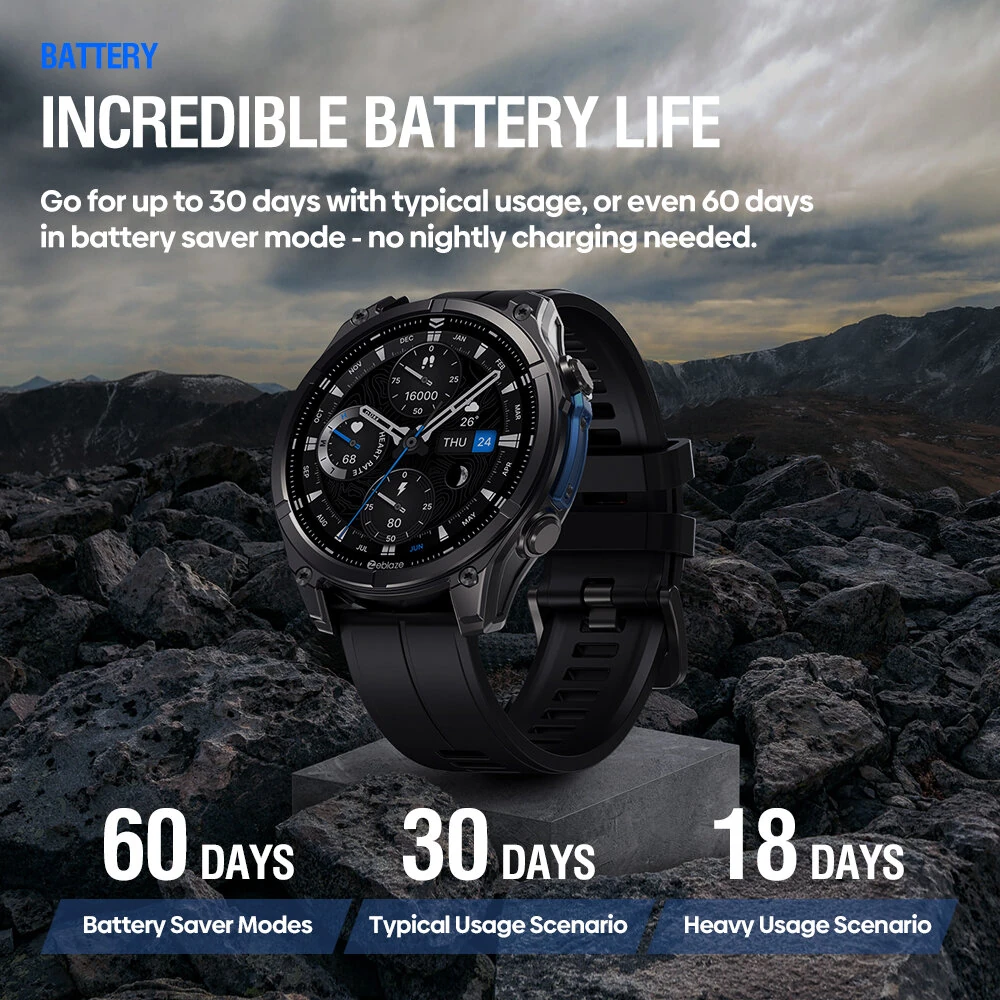 [World Premiere]Zeblaze Vibe 8 1.43-inch AMOLED 818H SapphireLens Built-in LED Flashlight 60 Days Battery Life 5ATM&IP69K Waterproof bluetooth Call Heart Rate Blood Pressure Blood Oxygen Monitor Sleep Monitoring Multi-sport Modes Smart Watch