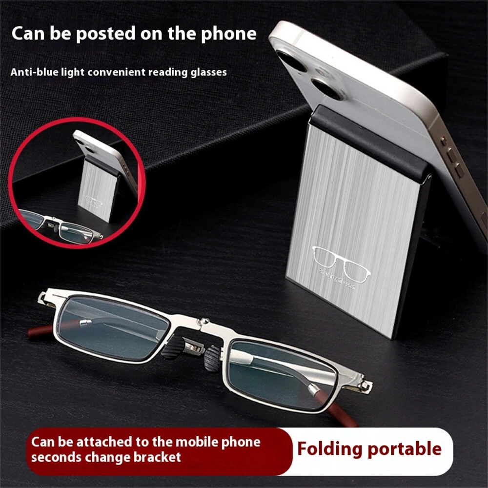 2 in 1 Portable Folding Reading Glasses with Metal Glasses Case Mobile Phone Holder HD Anti-Fatigue Anti-blue Light Presbyopic Glasses