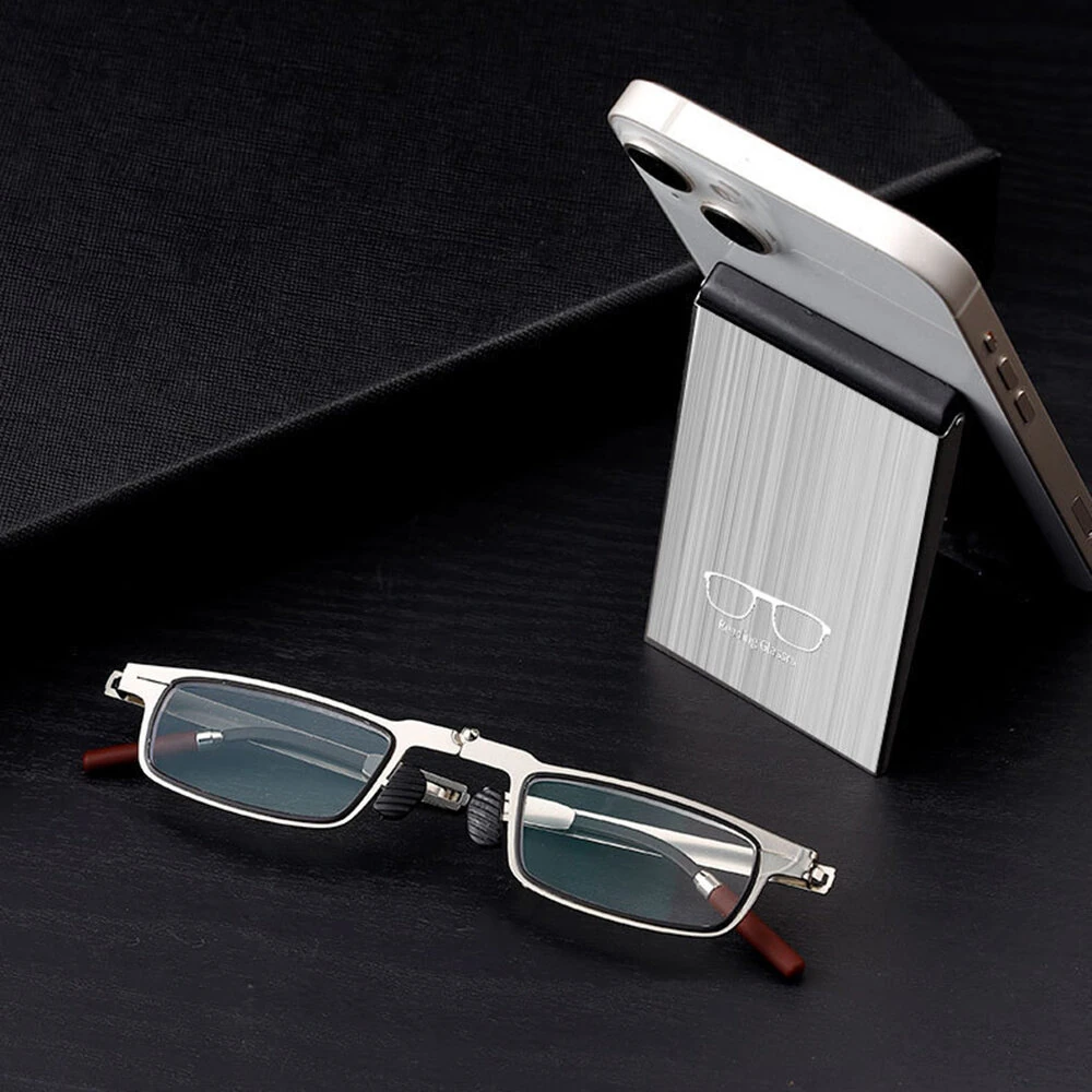 2 in 1 Portable Folding Reading Glasses with Metal Glasses Case Mobile Phone Holder HD Anti-Fatigue Anti-blue Light Presbyopic Glasses