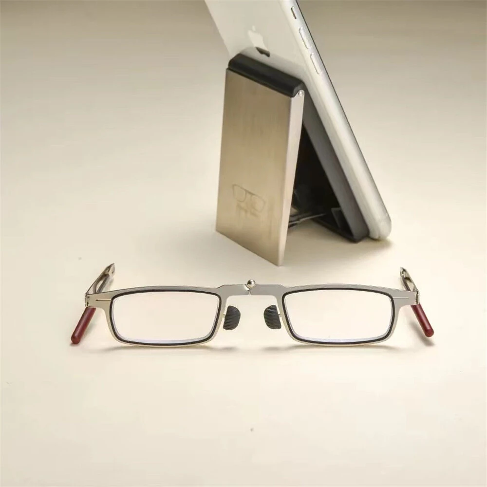 2 in 1 Portable Folding Reading Glasses with Metal Glasses Case Mobile Phone Holder HD Anti-Fatigue Anti-blue Light Presbyopic Glasses
