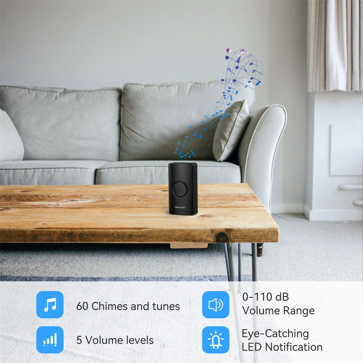 [EU Direct] TECKNET HWD01990 Wireless Doorbell System 1300FT Range IP44 Waterproof 110dB 60 Chimes 5 Volume Levels LED Alert Long Battery Life Easy Install Doorbell