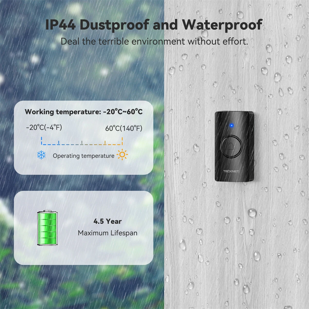 [EU Direct] TECKNET HWD01990 Wireless Doorbell System 1300FT Range IP44 Waterproof 110dB 60 Chimes 5 Volume Levels LED Alert Long Battery Life Easy Install Doorbell