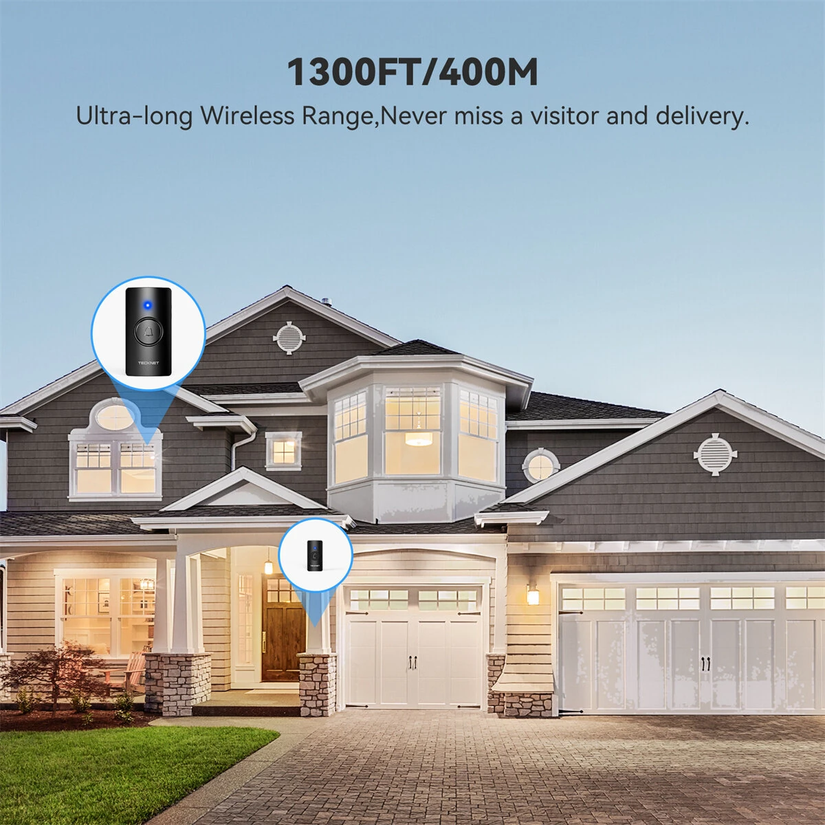 [EU Direct] TECKNET HWD01990 Wireless Doorbell System 1300FT Range IP44 Waterproof 110dB 60 Chimes 5 Volume Levels LED Alert Long Battery Life Easy Install Doorbell
