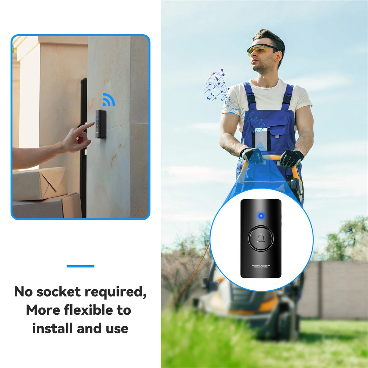 [EU Direct] TECKNET HWD01990 Wireless Doorbell System 1300FT Range IP44 Waterproof 110dB 60 Chimes 5 Volume Levels LED Alert Long Battery Life Easy Install Doorbell