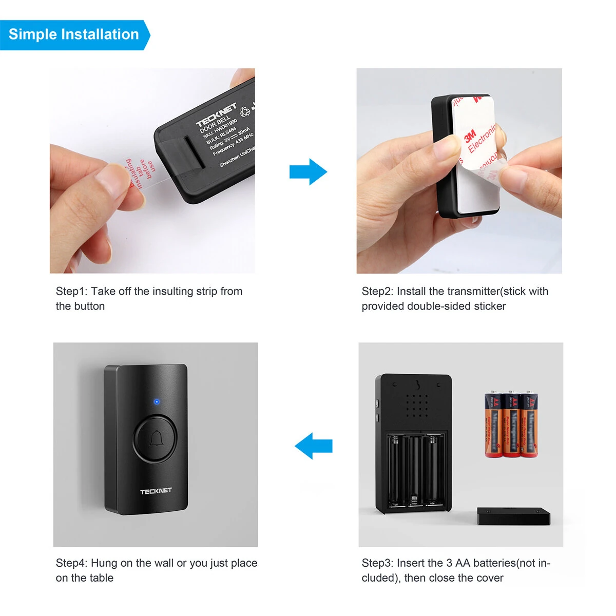 [EU Direct] TECKNET HWD01990 Wireless Doorbell System 1300FT Range IP44 Waterproof 110dB 60 Chimes 5 Volume Levels LED Alert Long Battery Life Easy Install Doorbell