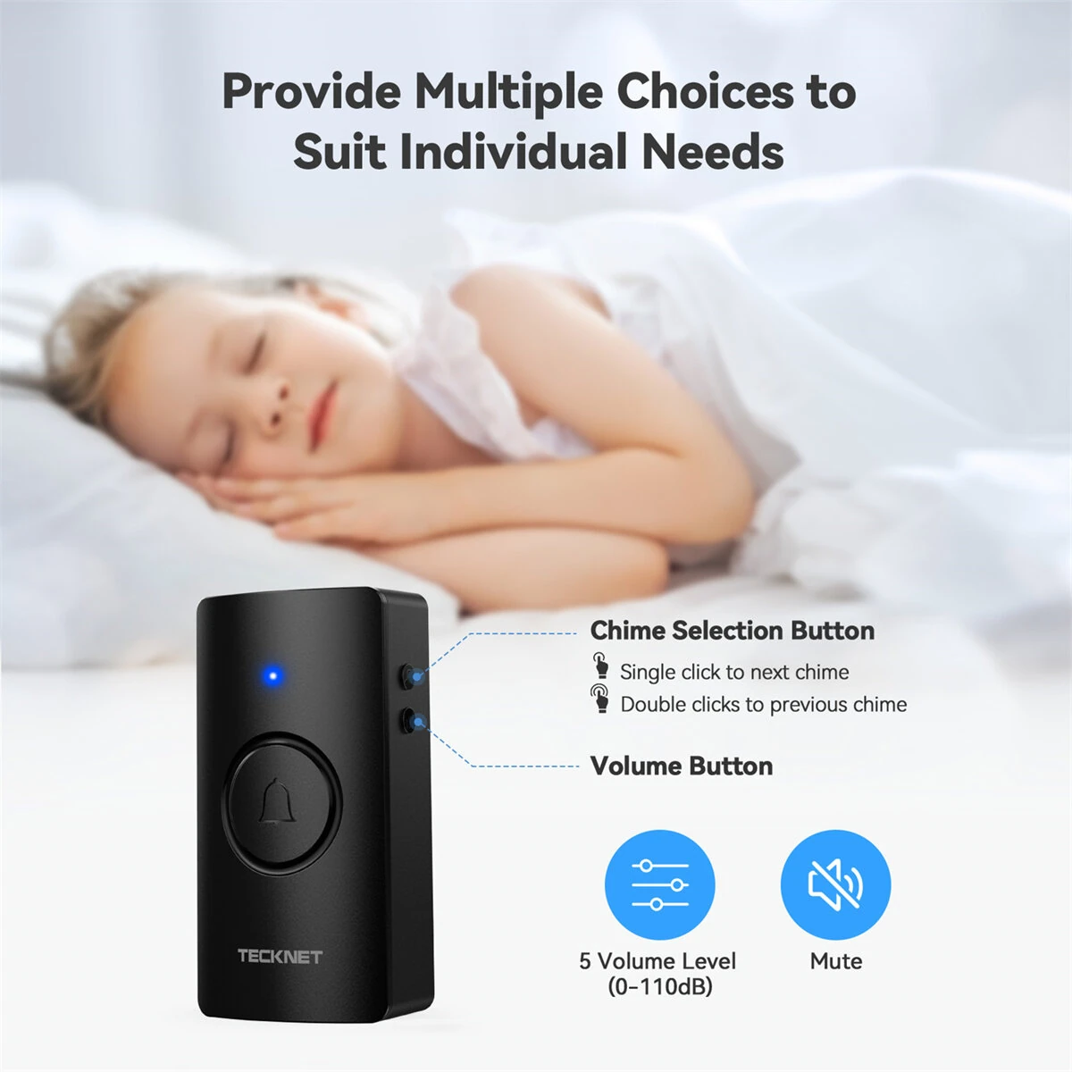 [EU Direct] TECKNET HWD01990 Wireless Doorbell System 1300FT Range IP44 Waterproof 110dB 60 Chimes 5 Volume Levels LED Alert Long Battery Life Easy Install Doorbell
