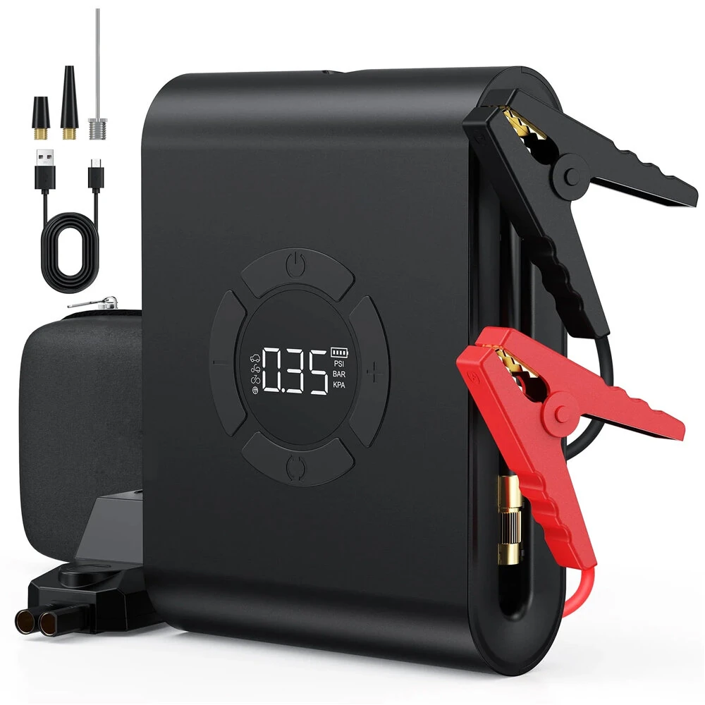 2000A Portable Car Jump Starter Air Compressor 150PSI Digital Tire Inflator 16000mAh Power Bank LED Flashlight for 12V 7.0L Gas 5.5L Diesel Vehicles Safety Protection