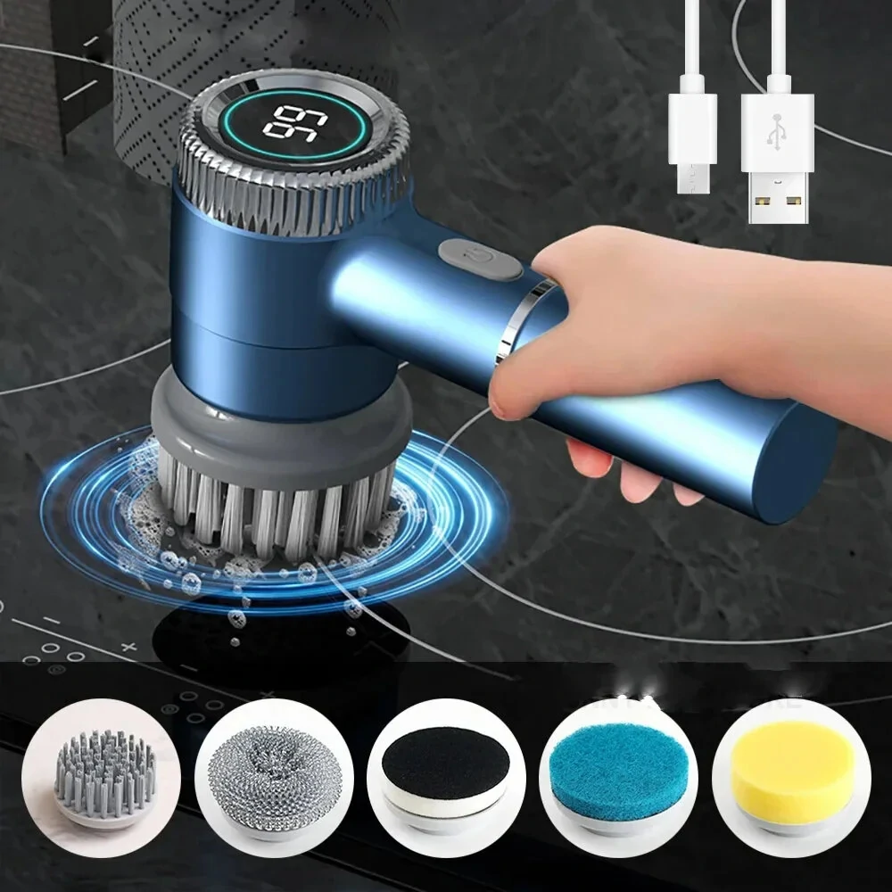 1200mAh Electric Dish Pot Cleaning Brush with 5 Brush Heads Bathroom Professional Cleaning Automatic Handheld Rechargeable Electric Cleaning Brush Kitchen Dishwashing Bottle Brush