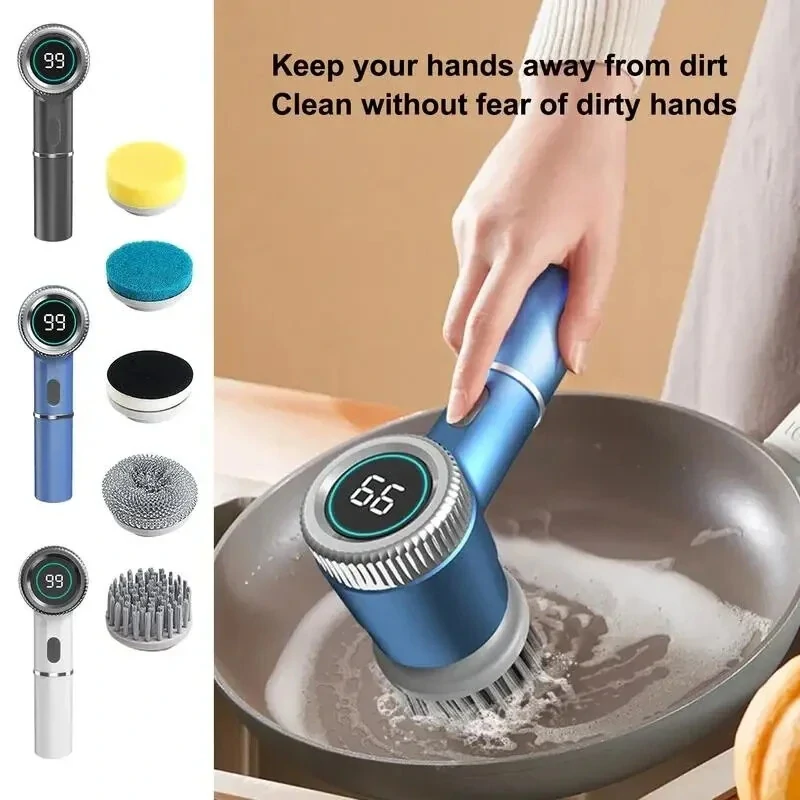 1200mAh Electric Dish Pot Cleaning Brush with 5 Brush Heads Bathroom Professional Cleaning Automatic Handheld Rechargeable Electric Cleaning Brush Kitchen Dishwashing Bottle Brush