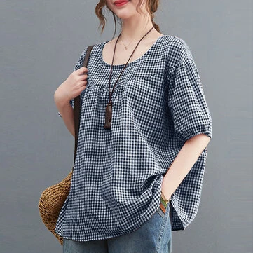 ZANZEA Women Plaid Blouses Shirt Trendy Casual Round Neck Top with Pleats Short Lantern Sleeves Shirt Loose Fit