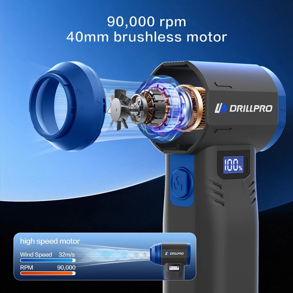 Drillpro G1 Cordless 550g Wind Pressure Turbo Fan 10,000mAh Battery  9 Speed Settings 90,000RPM Brushless Motor Powerful Handheld Air Blower Multi Nozzle