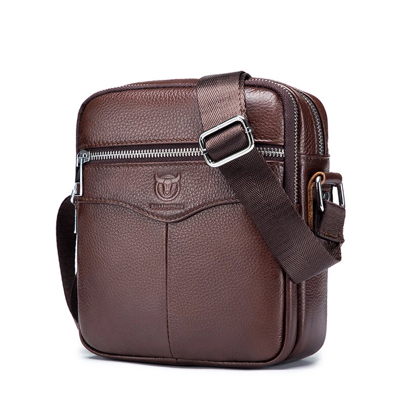 BULLCAPTAI Genuine Leather Men's Shoulder Bag Cowhide Messenger Bags Fashion Male Causal Small Double Zipper Crossbody Bag Short-distance Compact Mini Travel Bag