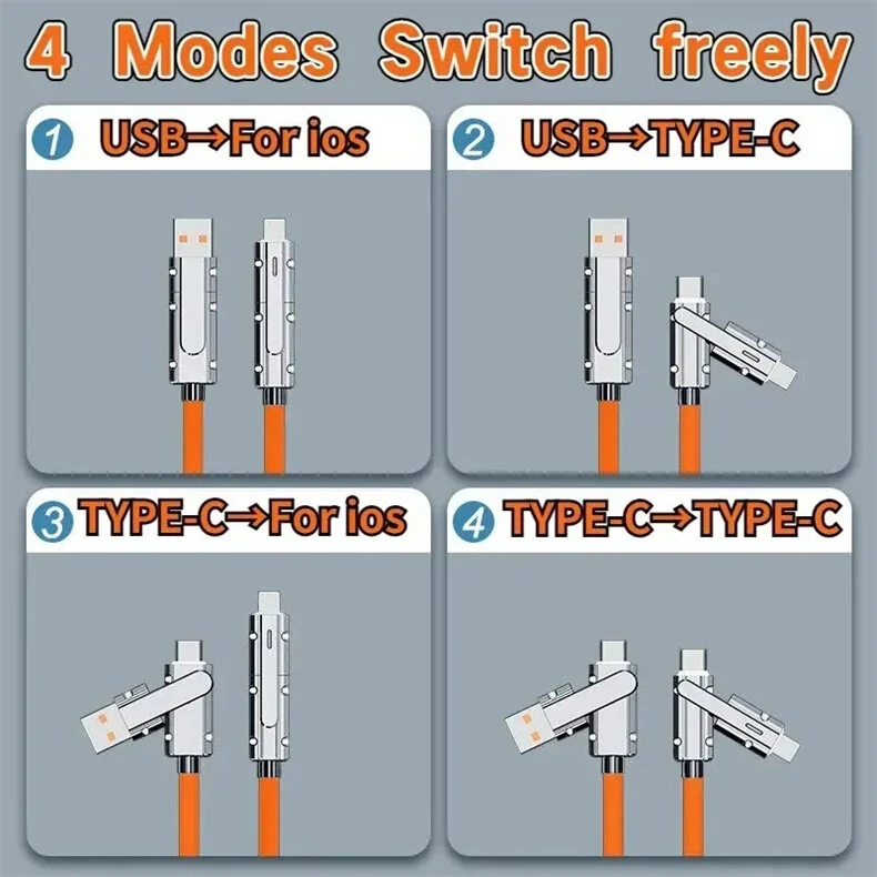 4-in-1 120W USB-A/Type-C to iP/Type-C Cable Fast Charging Data Transmission Copper Core Line 1M/1.5M Long for iPhone 15 14 13 for Samsung Galaxy S24 for Huawei Pura 70 Ultra for Xiaomi Civi 4Pro