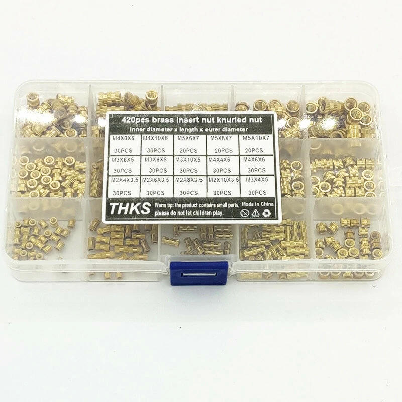 Suleve MXBN11 420Pcs M2 M3 M4 M5 Metric Female Thread Brass Knurled Nut Threaded Insert Embedment Nuts Assortment Kit