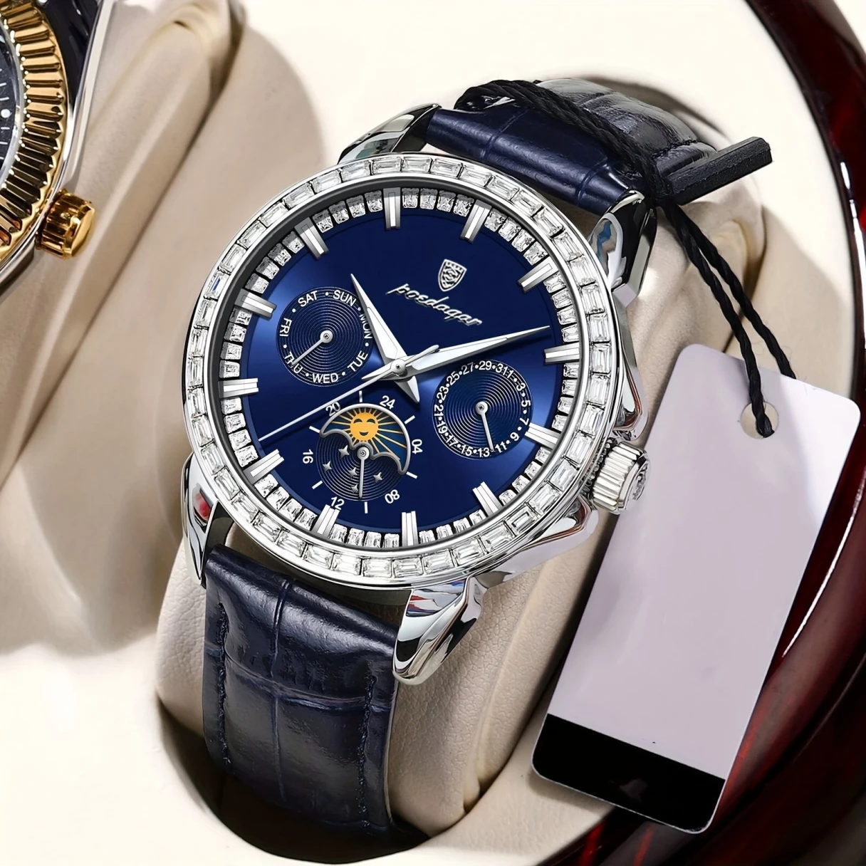 POEDAGAR Business Men Watch Luxury Rhinestone Leather Wristwatch Luminous Waterproof Calendar Quartz Watch