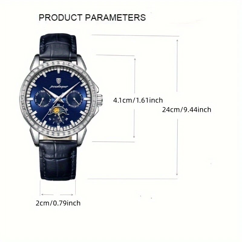 POEDAGAR Business Men Watch Luxury Rhinestone Leather Wristwatch Luminous Waterproof Calendar Quartz Watch