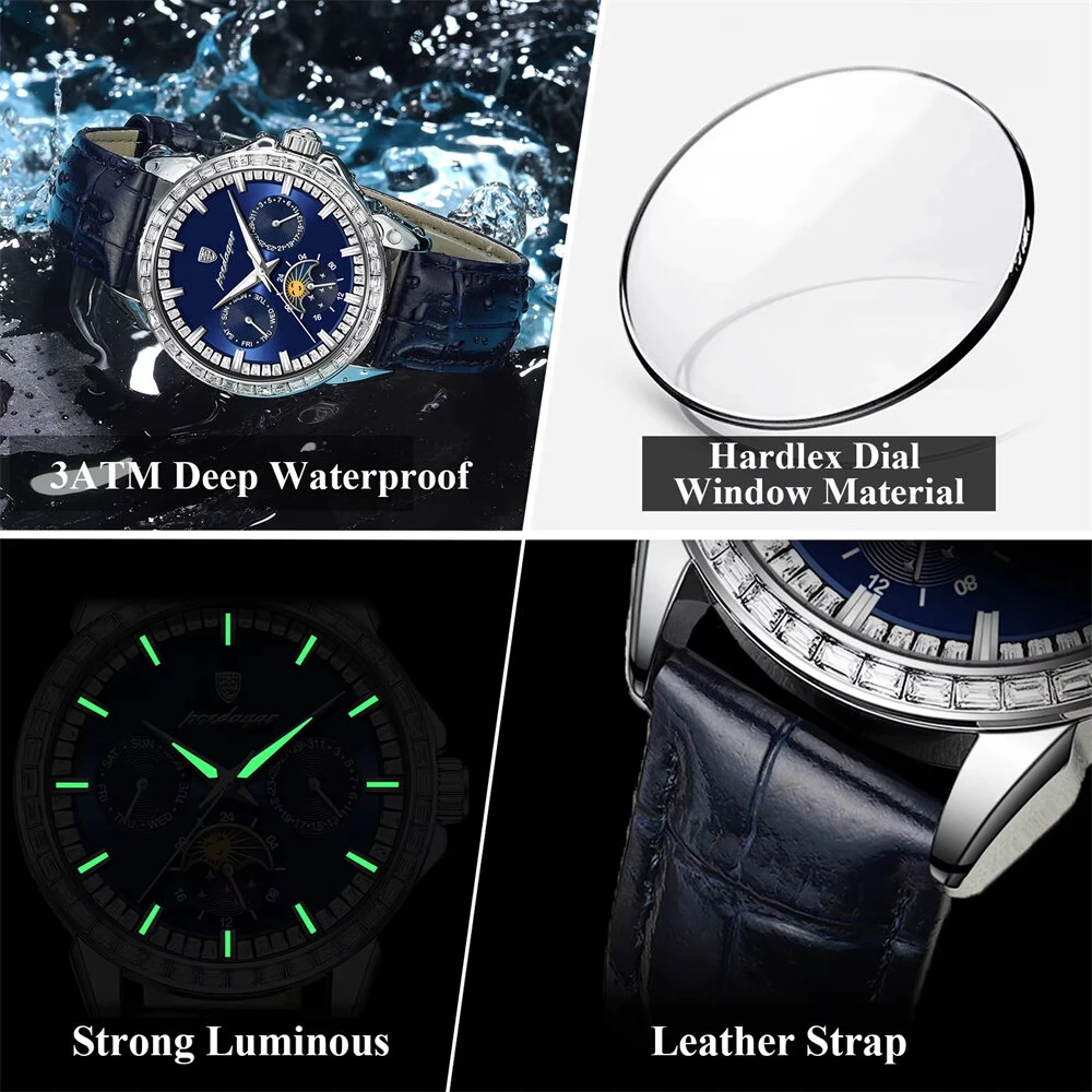 POEDAGAR Business Men Watch Luxury Rhinestone Leather Wristwatch Luminous Waterproof Calendar Quartz Watch