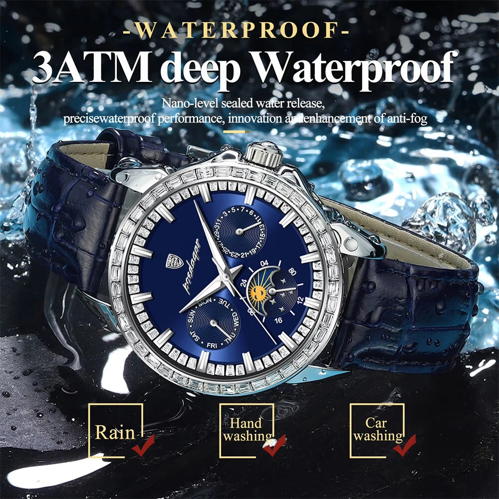 POEDAGAR Business Men Watch Luxury Rhinestone Leather Wristwatch Luminous Waterproof Calendar Quartz Watch