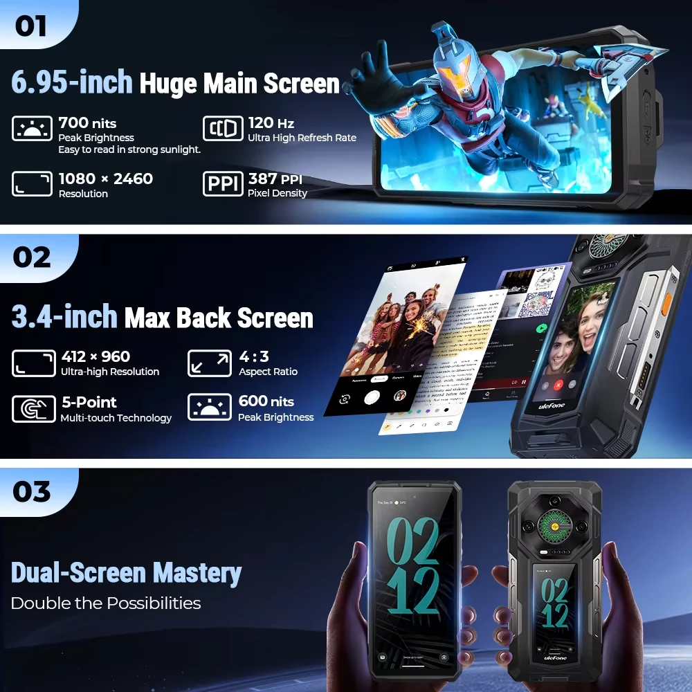 Ulefone Armor 33 Pro 5G AI 25500mAh Dual Display 118dB Loudspeaker 32GB 512GB 50MP Triple Camera 64MP Night Vision Dimensity 7300X 6.95 inch 120Hz 66W Fast Charge WiFi 6E NFC IP68 IP69K Waterproof Rugged Smartphone