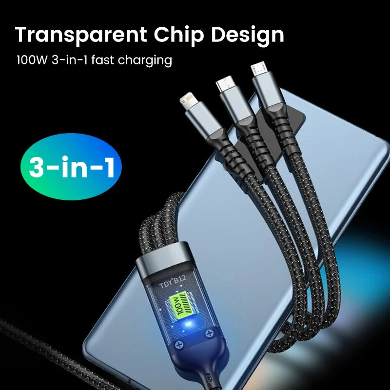 100W USB-A to Micro/Type-C/iP Cable with Night Light Fast Charging Copper Core Line 1.2M Long for iPhone 15 14 13 for Huawei Pura 70 Ultra for Xiaomi Civi 4pro for Samsung Galaxy S24