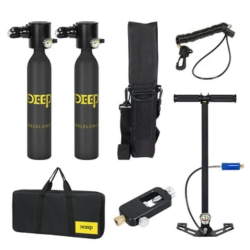 [EU Direct] DIDEEP 0.5L*2 Mini Scuba Diving Oxygen Cylinder Equipment Oxygen Tank Underwater Breather Diving Lung Air Tank Set with Pump,Tank Inflatable Adapter, Storage Bag, Automatic Air Co
