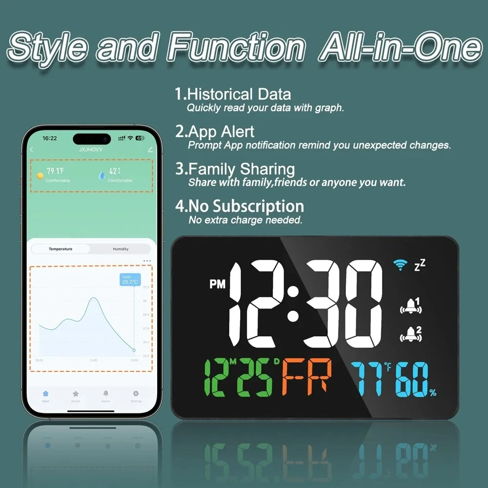 LED Graffiti Clock Automatic Time Calibration Wifi Temperature And Humidity Atomic Clock Mirror Clock  Four Levels of Brightness Adjustment