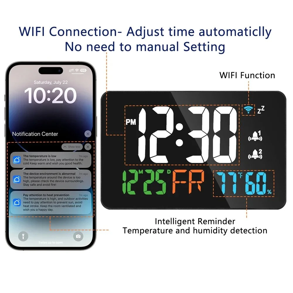 LED Graffiti Clock Automatic Time Calibration Wifi Temperature And Humidity Atomic Clock Mirror Clock  Four Levels of Brightness Adjustment