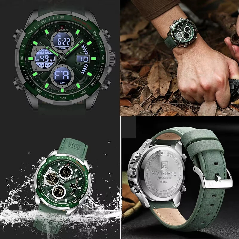 NAVIFORCE Men Multifunctional Quartz Watch Fashion Genuine Leather Strap Sports Watch Exquisite Waterproof Wristwatches for Men's Gift