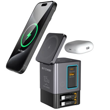 [GaN Tech]Blitzwolf i116 Max 105W 6-in-1 Power Combo Desktop Charger Station with Built-in Dual Telescopic Type-C Cable + USB-A+USB-C + 2-in-1 Wireless Charger for Smart Phones for iPhone 16