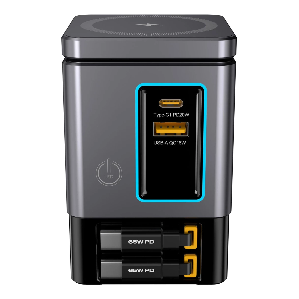 [GaN Tech]Blitzwolf i116 Max 105W 6-in-1 Power Combo Desktop Charger Station with Built-in Dual Telescopic Type-C Cable + USB-A+USB-C + 2-in-1 Wireless Charger for Smart Phones for iPhone 16 16 Pro 15 14