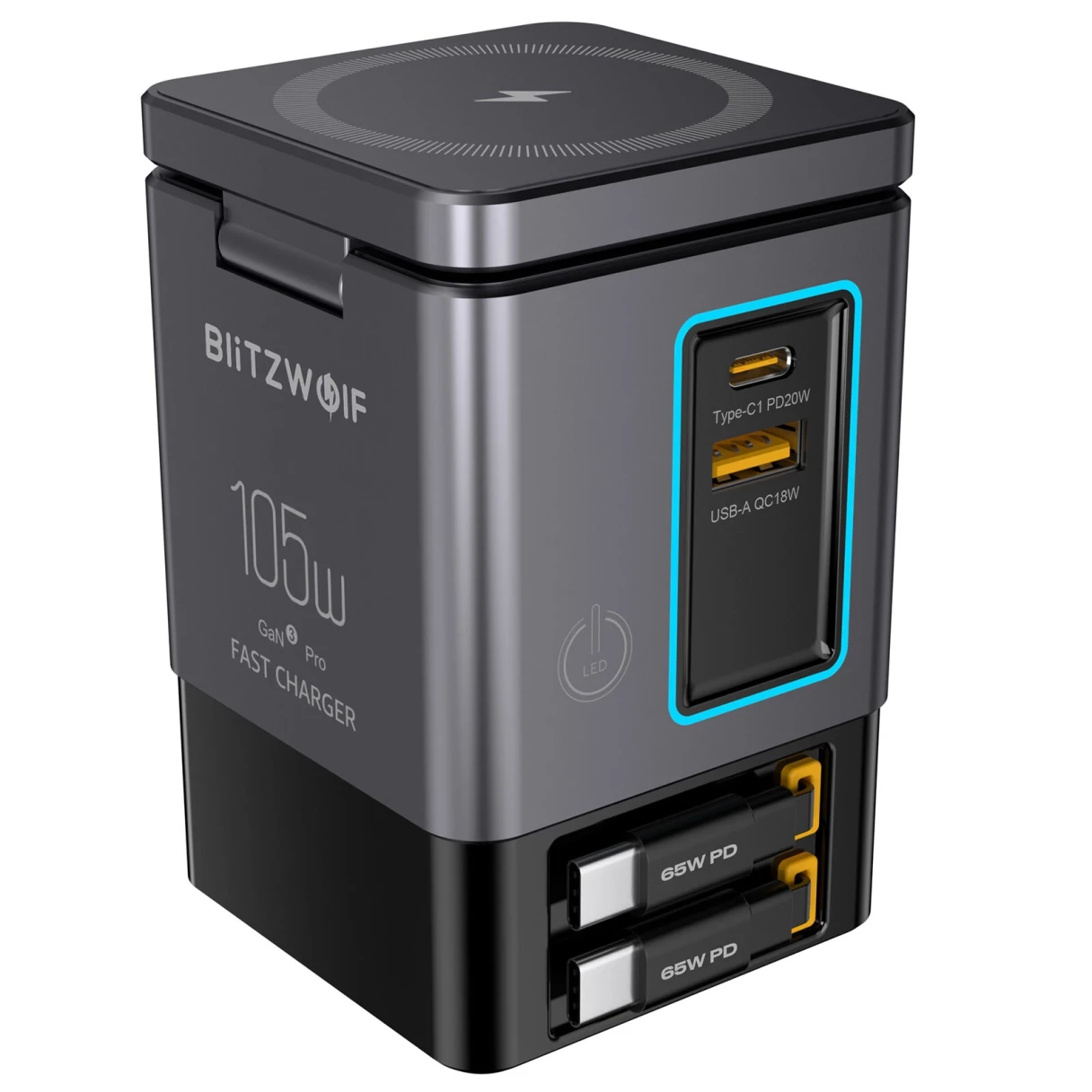 [GaN Tech]Blitzwolf i116 Max 105W 6-in-1 Power Combo Desktop Charger Station with Built-in Dual Telescopic Type-C Cable + USB-A+USB-C + 2-in-1 Wireless Charger for Smart Phones for iPhone 16 16 Pro 15 14