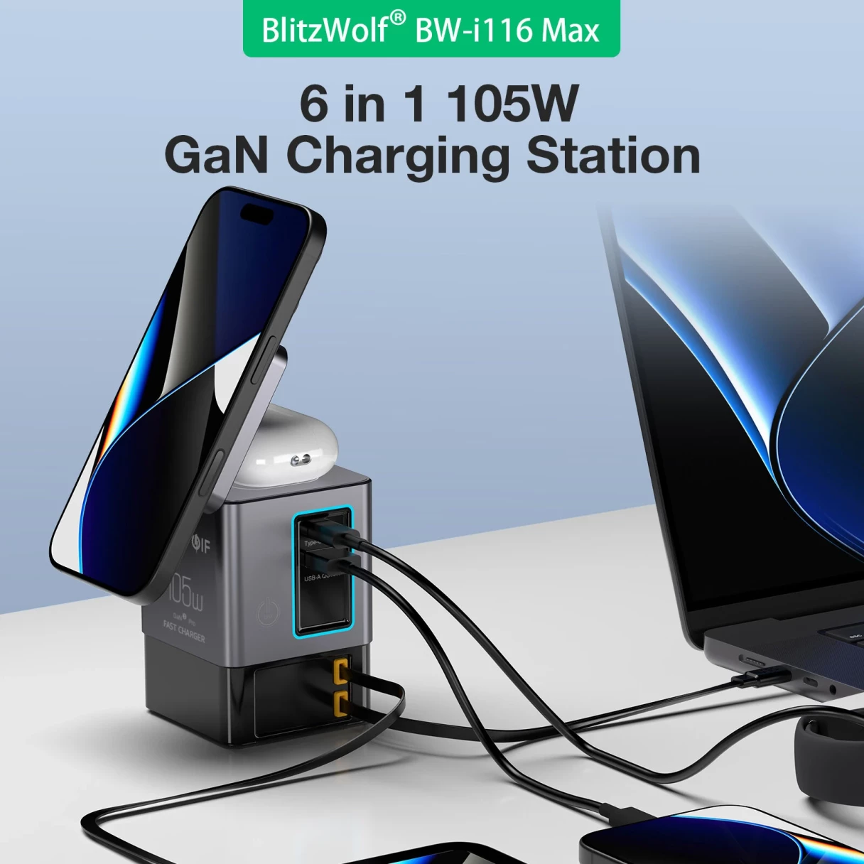 [GaN Tech]Blitzwolf i116 Max 105W 6-in-1 Power Combo Desktop Charger Station with Built-in Dual Telescopic Type-C Cable + USB-A+USB-C + 2-in-1 Wireless Charger for Smart Phones for iPhone 16 16 Pro 15 14