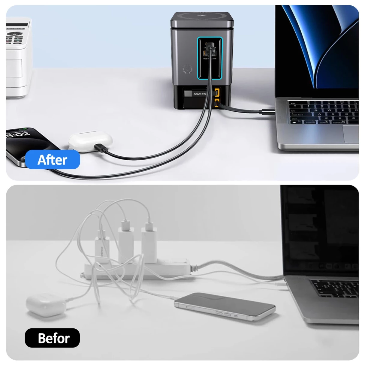 [GaN Tech]Blitzwolf i116 Max 105W 6-in-1 Power Combo Desktop Charger Station with Built-in Dual Telescopic Type-C Cable + USB-A+USB-C + 2-in-1 Wireless Charger for Smart Phones for iPhone 16 16 Pro 15 14