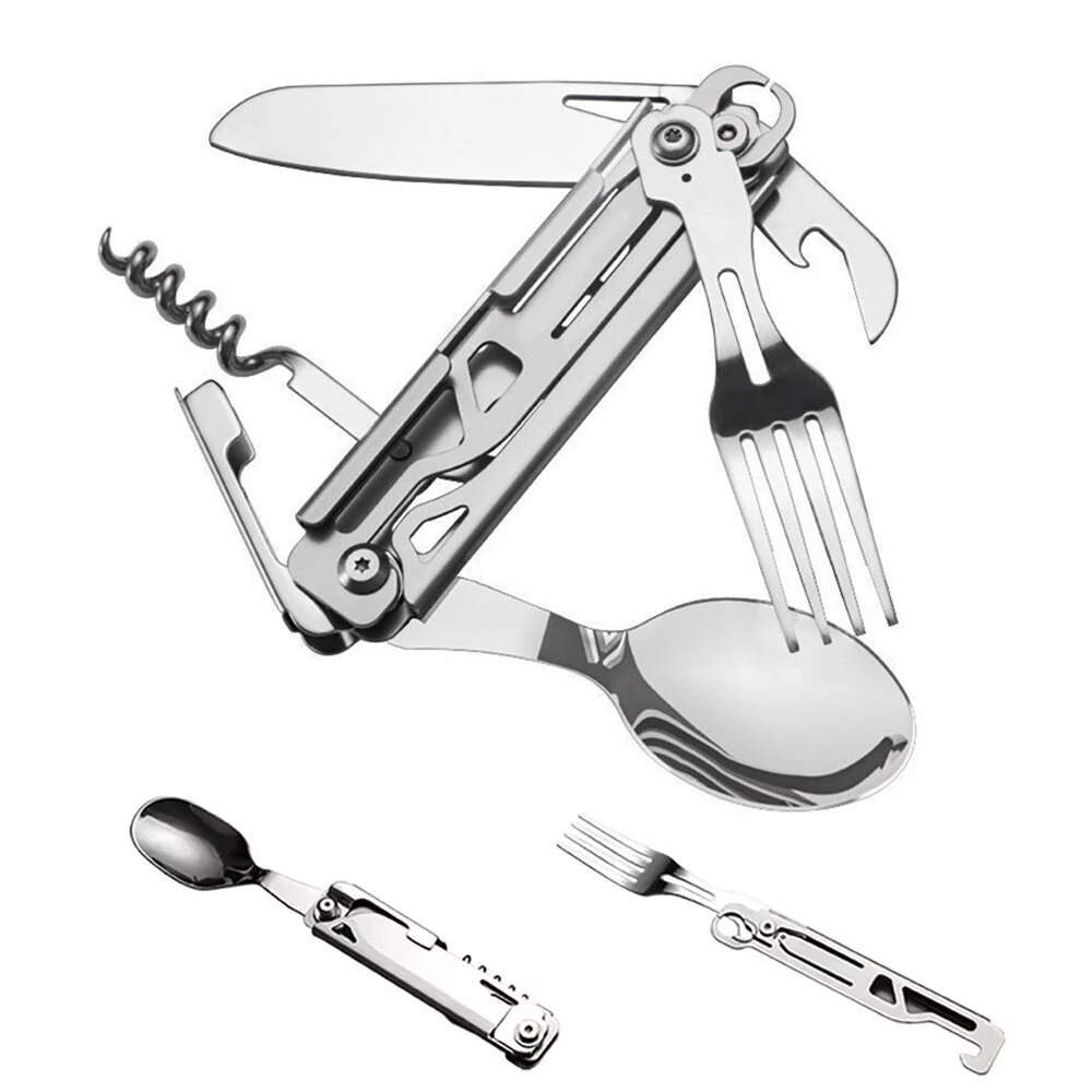 IPRee Outdoor Stainless Steel Multifunctional Camping Folding Knife Fork and Spoon Camping Equipment Panier Osier Camping Equipment