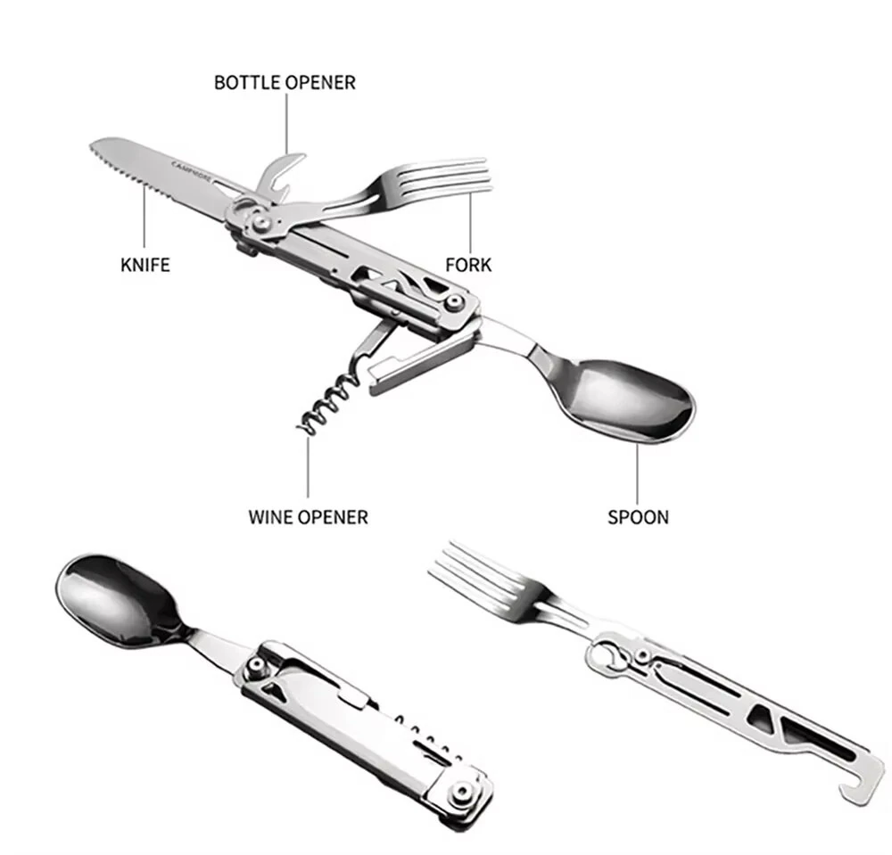 IPRee Outdoor Stainless Steel Multifunctional Camping Folding Knife Fork and Spoon Camping Equipment Panier Osier Camping Equipment