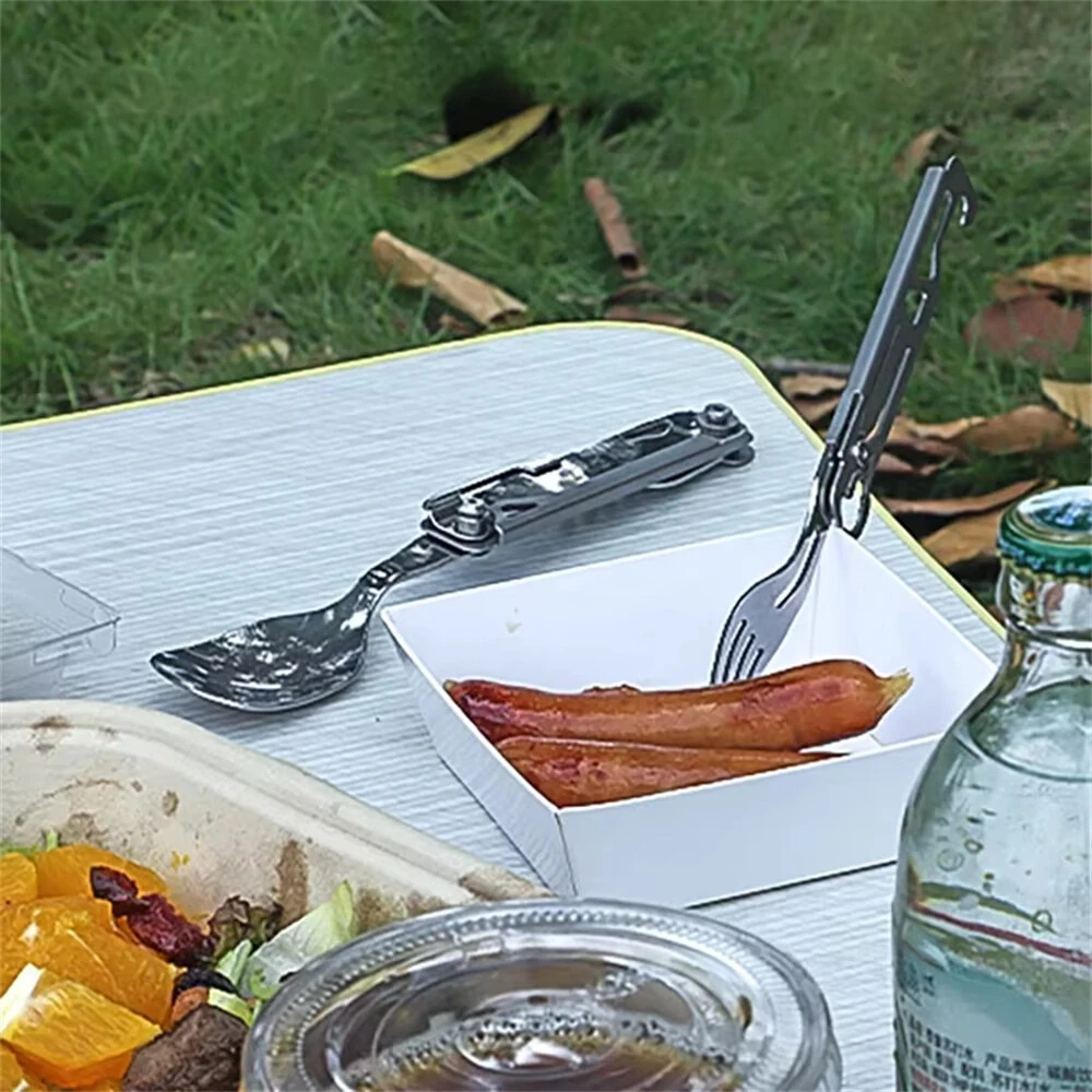 IPRee Outdoor Stainless Steel Multifunctional Camping Folding Knife Fork and Spoon Camping Equipment Panier Osier Camping Equipment