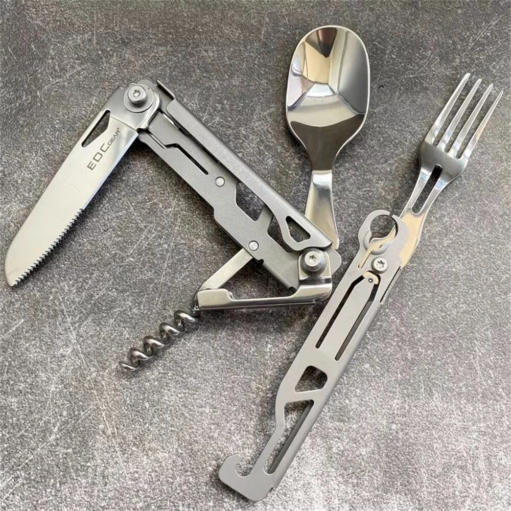 IPRee Outdoor Stainless Steel Multifunctional Camping Folding Knife Fork and Spoon Camping Equipment Panier Osier Camping Equipment
