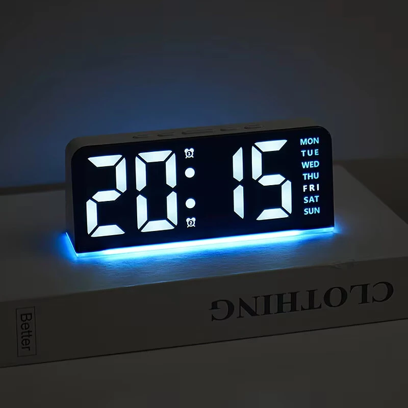Digital Alarm LED Clock Mood Light TEMP Date Week 2 Alarms Snooze Electronic Table Clock 4 Levels Brightness 12H 24H LED Clock