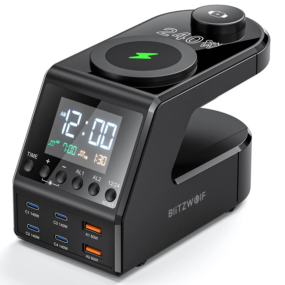 [GaN]Blitzwolf BW-FW10 240W 10-in-1 Wireless Alarm Clock Charger 2USB-A+4USB-C PD3.1/3.0 QC4.0/3.0/2.0 PPS AFC SCP FCP Fast Charging Desktop Charging Station with Time Display and 2 Alarm Clocks EU Plug for iPhone 16 for Samsung for iPad  for Apple Watch