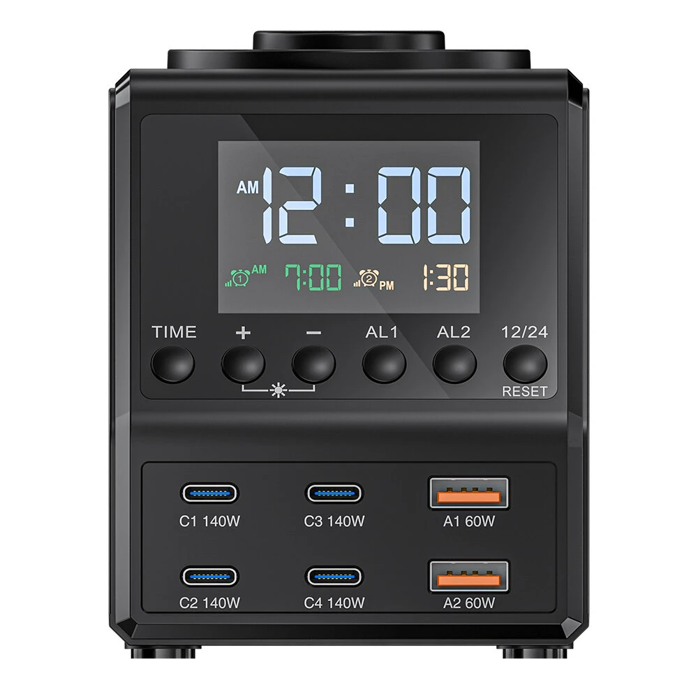 [GaN]Blitzwolf BW-FW10 240W 10-in-1 Wireless Alarm Clock Charger 2USB-A+4USB-C PD3.1/3.0 QC4.0/3.0/2.0 PPS AFC SCP FCP Fast Charging Desktop Charging Station with Time Display and 2 Alarm Clocks EU Plug for iPhone 16 for Samsung for iPad  for Apple Watch