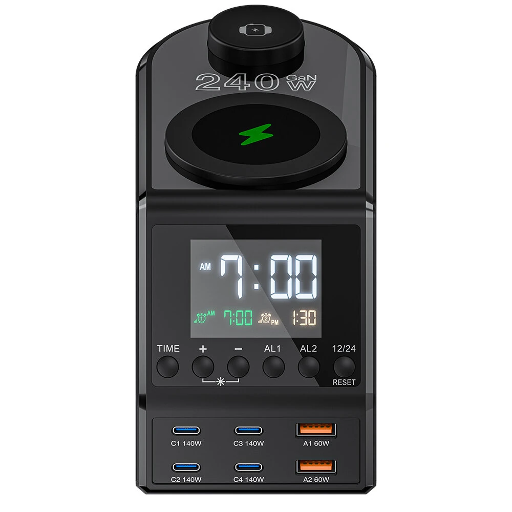 [GaN]Blitzwolf BW-FW10 240W 10-in-1 Wireless Alarm Clock Charger 2USB-A+4USB-C PD3.1/3.0 QC4.0/3.0/2.0 PPS AFC SCP FCP Fast Charging Desktop Charging Station with Time Display and 2 Alarm Clocks EU Plug for iPhone 16 for Samsung for iPad  for Apple Watch