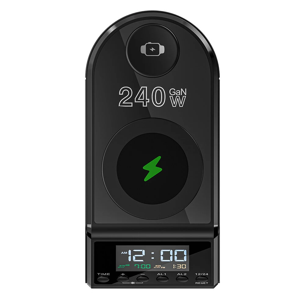 [GaN]Blitzwolf BW-FW10 240W 10-in-1 Wireless Alarm Clock Charger 2USB-A+4USB-C PD3.1/3.0 QC4.0/3.0/2.0 PPS AFC SCP FCP Fast Charging Desktop Charging Station with Time Display and 2 Alarm Clocks EU Plug for iPhone 16 for Samsung for iPad  for Apple Watch